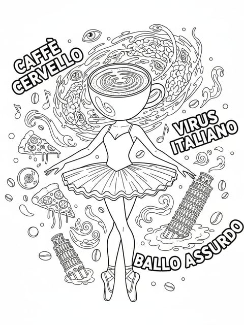 Ballerina Cappuccina with brainrot effect surreal elements swirling clear outlines coloring page