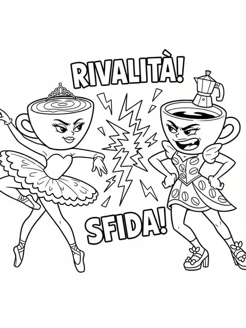 Ballerina Cappuccina and Espressona Signora facing off rivalry expressive cartoon line art coloring page