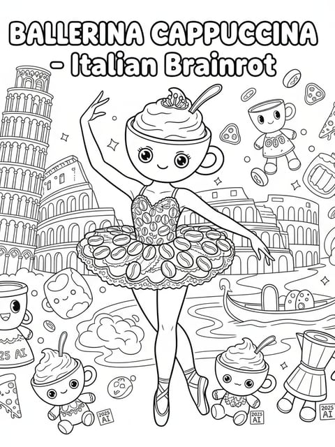 Ballerina Cappuccina with plushie toys kawaii scene big outlines coloring page
