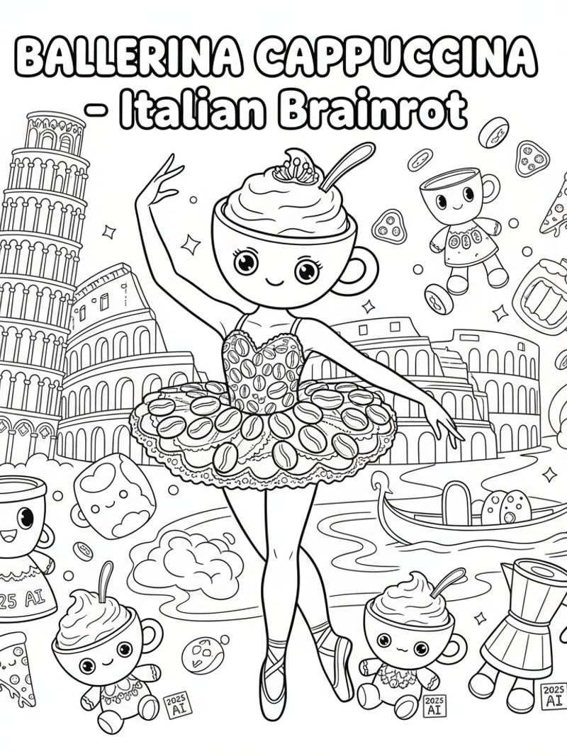 Ballerina Cappuccina with plushie toys kawaii scene big outlines coloring page