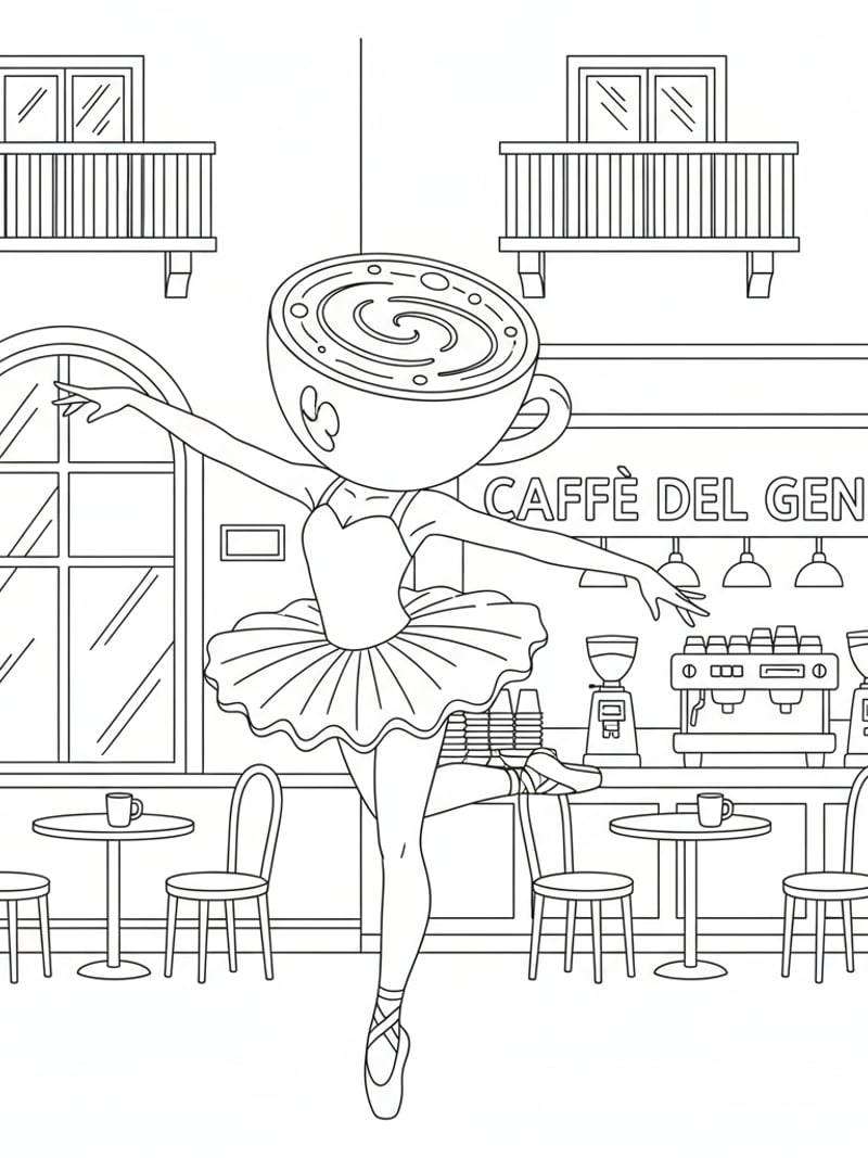 Ballerina Cappuccina Italian coffee shop Milan style simple lines background coloring page