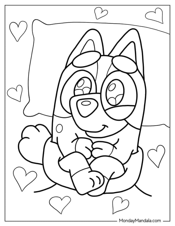 Baby Bluey with hearts surrounding in simple coloring outline