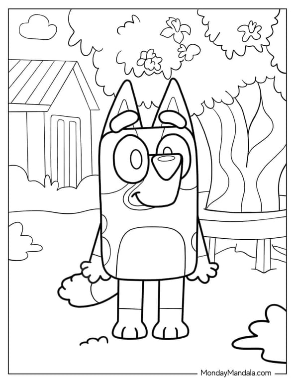Bluey smiling with arms spread in the backyard line art