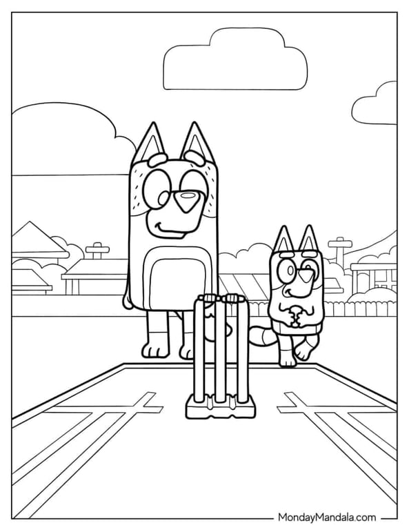 Bandit and Bluey playing backyard cricket in a coloring sheet