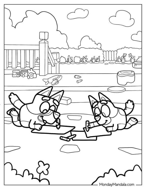 Bluey and Bingo sitting with crayons ready to color in line art