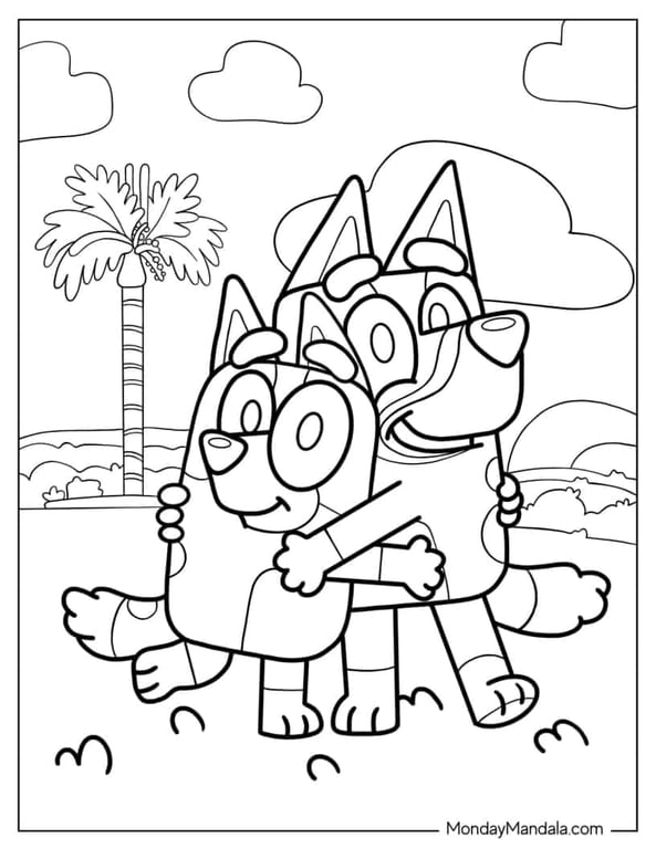Bluey hugging Bingo in simple line art