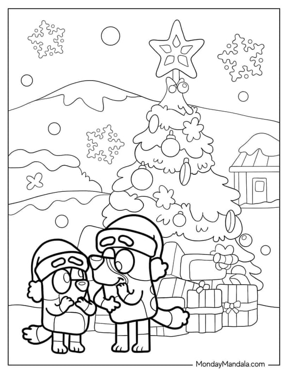 Bluey and Bingo wearing Santa hats in front of a Christmas tree coloring page