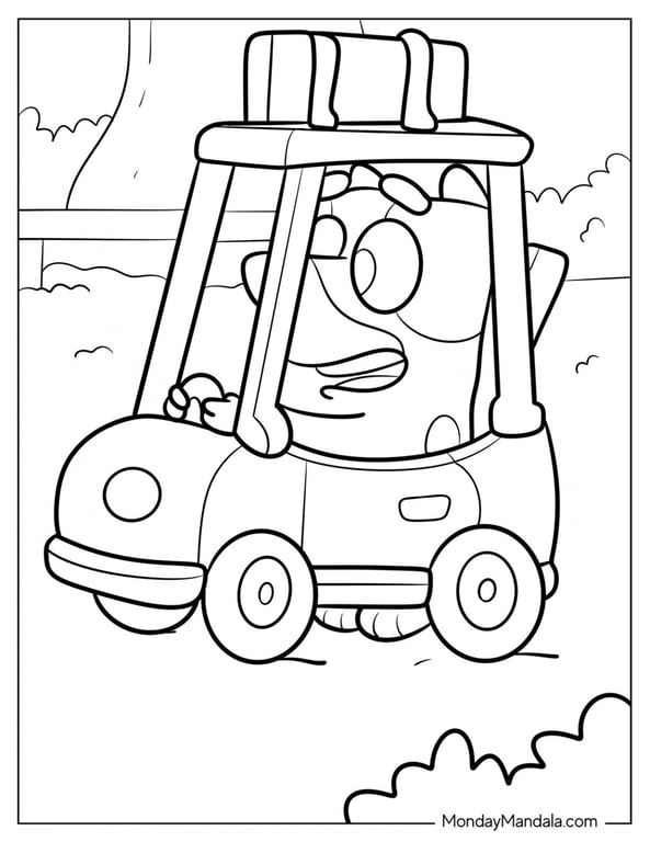 Bluey driving a toy car captured in outline style