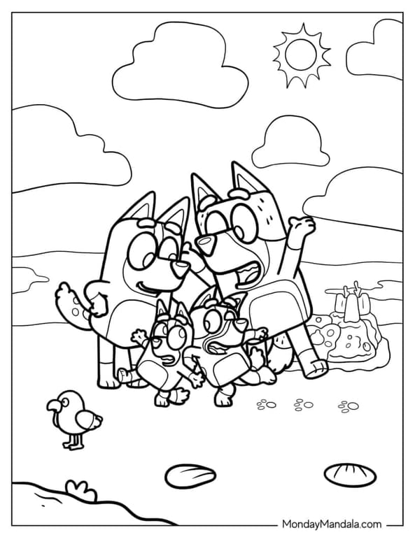 Heeler family dancing on a beach in coloring page outline
