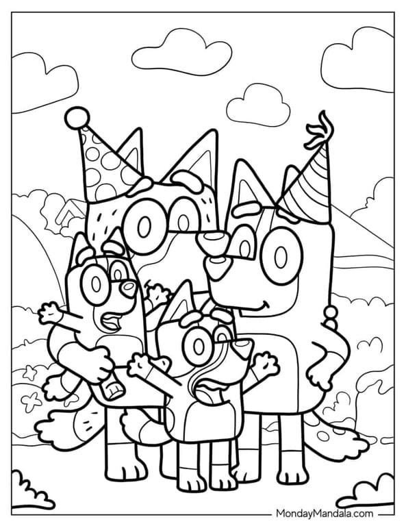 Bluey family wearing party hats celebrating together line illustration