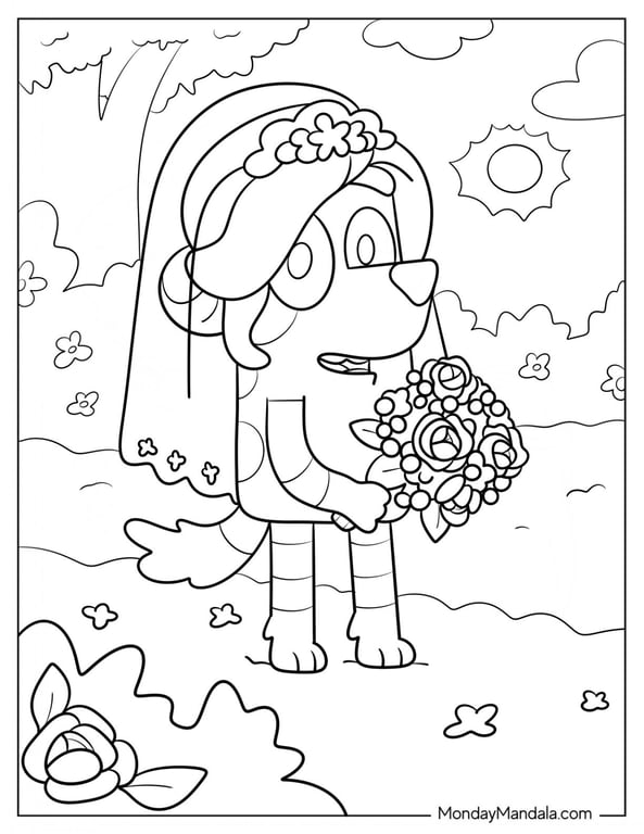 Frisky character with wedding veil and bouquet in coloring page