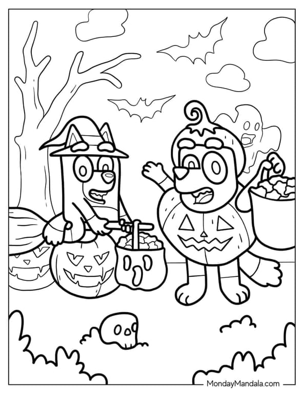 Bluey and Bingo dressed for Halloween holding candy buckets coloring page