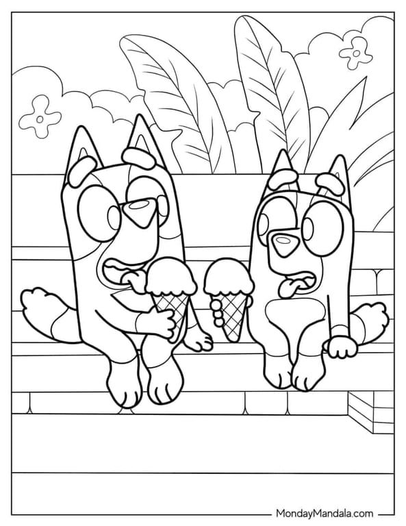 Bluey and Bingo holding ice cream cones in a coloring sheet