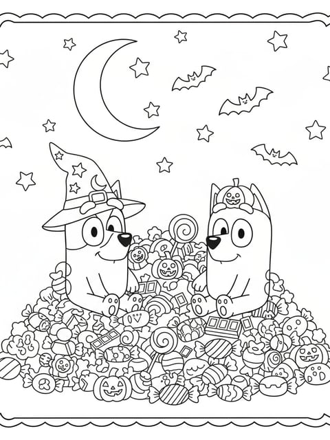 Dibujo para colorear de Bluey y Bingo con un montón de dulces de Halloween y murciélagos volando
