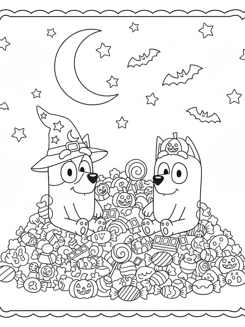 Bluey and Bingo with pile of Halloween candy and bats flying coloring page