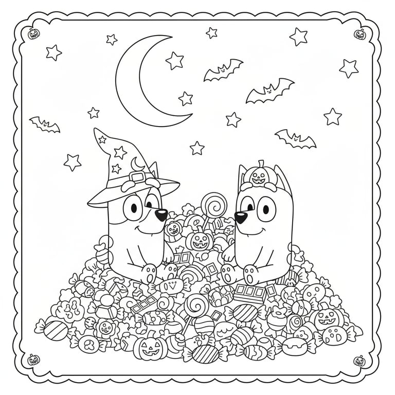 Bluey and Bingo with pile of Halloween candy and bats flying coloring page