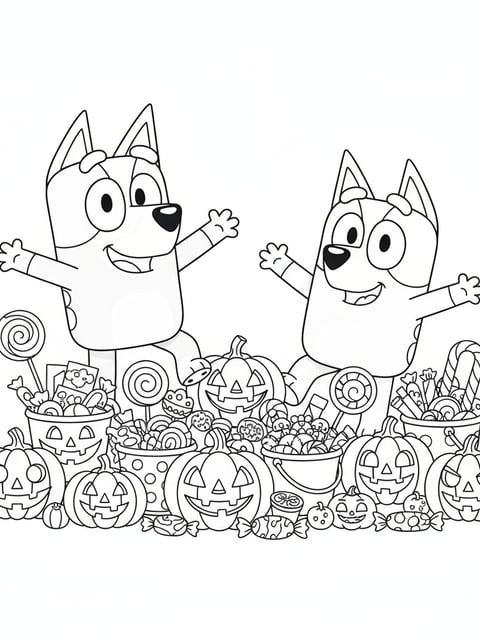 Dibujo para colorear de Bluey y Bingo rodeadas de dulces de Halloween y calabazas talladas