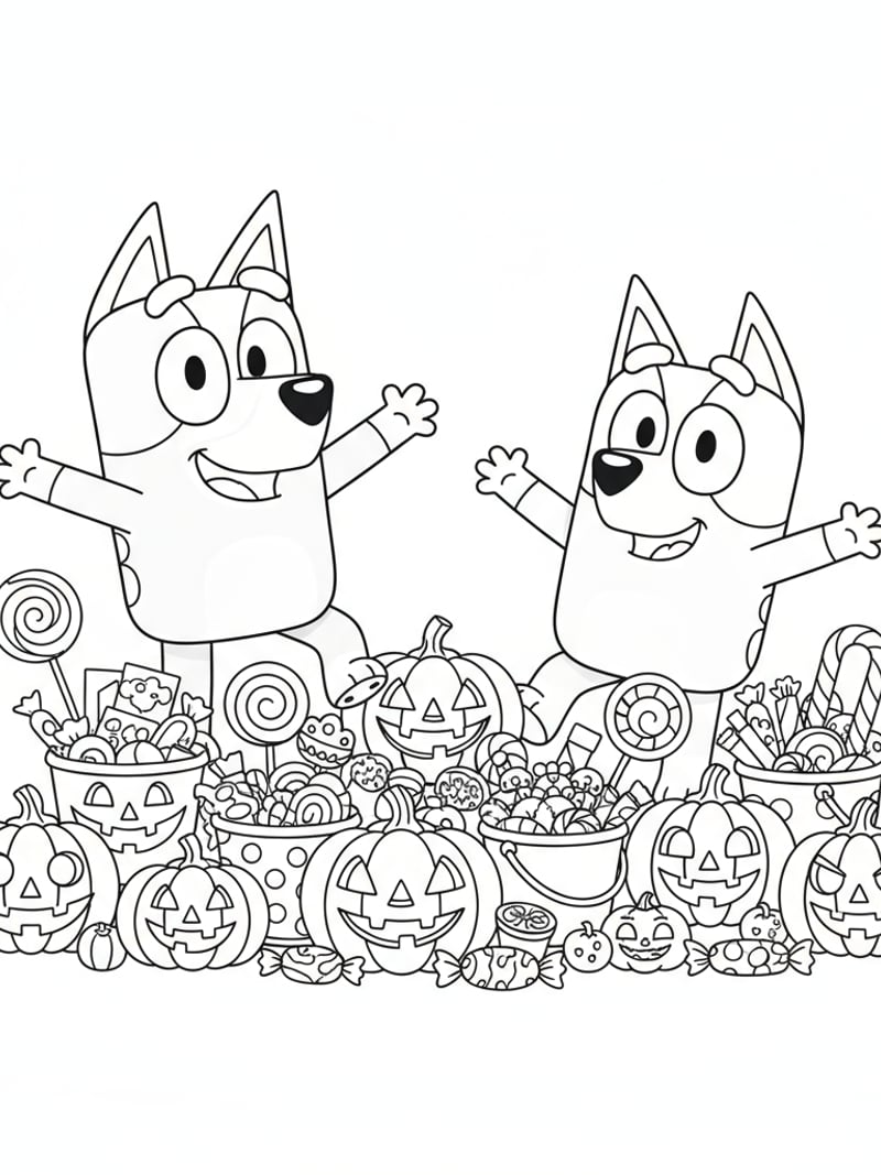 Bluey and Bingo surrounded by Halloween candy and jack-o-lanterns coloring page