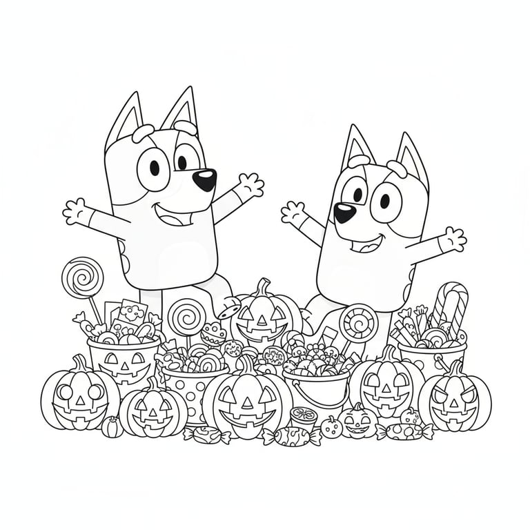 Bluey and Bingo surrounded by Halloween candy and jack-o-lanterns coloring page