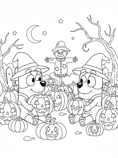 Dibujo para colorear de Bluey y Bingo tallando calabazas en un huerto de Halloween