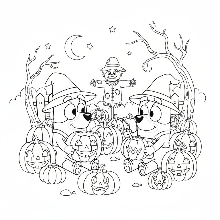 Bluey and Bingo carving pumpkins together in pumpkin patch coloring page