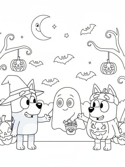 Dibujo para colorear de Bluey y Bingo conociendo a un fantasma amistoso de Halloween