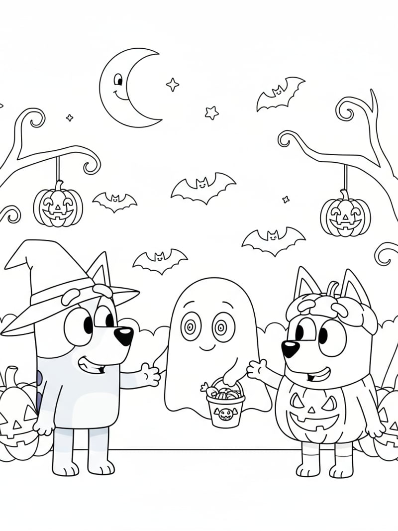 Bluey and Bingo meeting friendly Halloween ghost cute coloring page