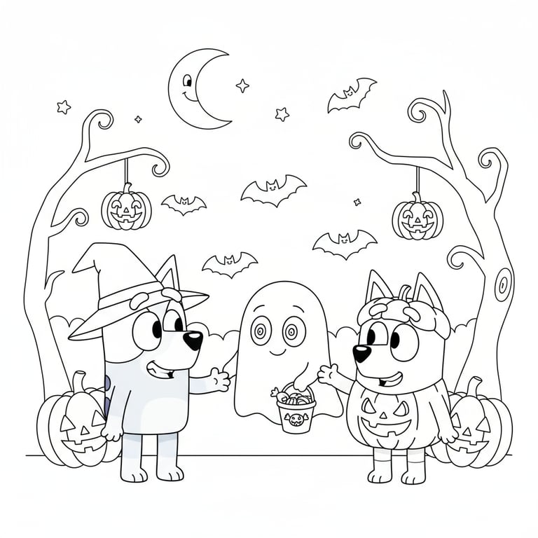 Bluey and Bingo meeting friendly Halloween ghost cute coloring page