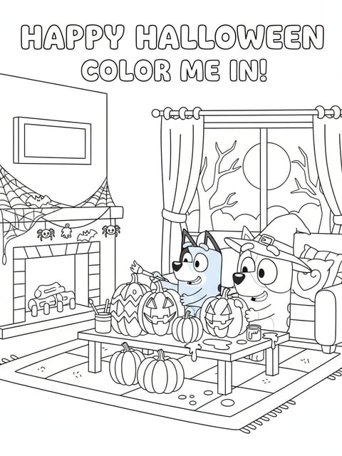 Dibujo para colorear de Bluey y Bingo pintando calabazas de Halloween en casa