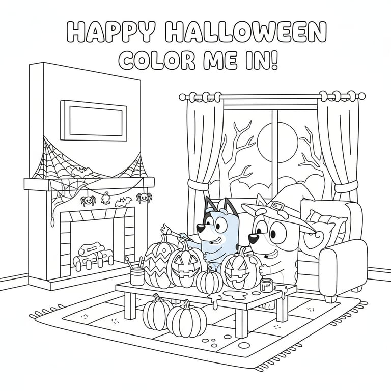Bluey and Bingo painting Halloween pumpkins at home cozy scene coloring page