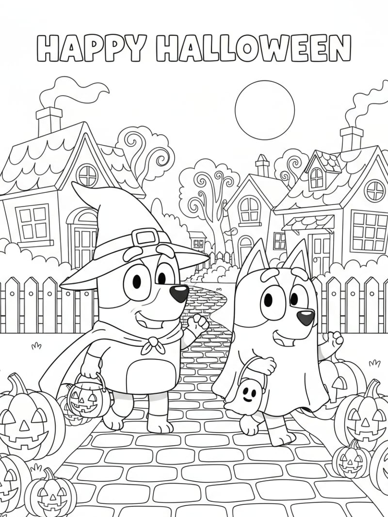 Bluey and Bingo in Halloween costumes trick-or-treating with jack-o-lanterns coloring page