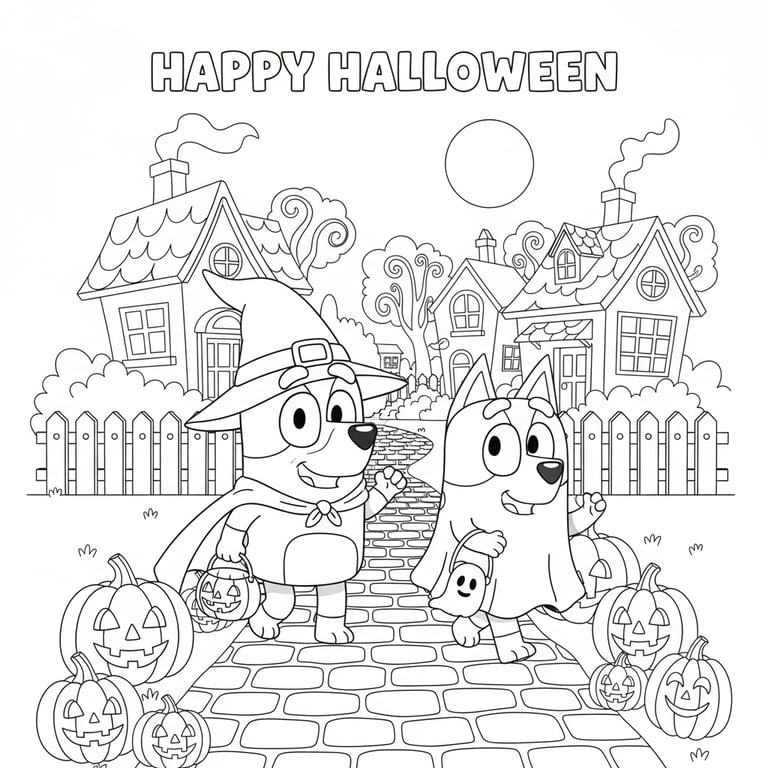 Bluey and Bingo trick-or-treating Halloween coloring page preview