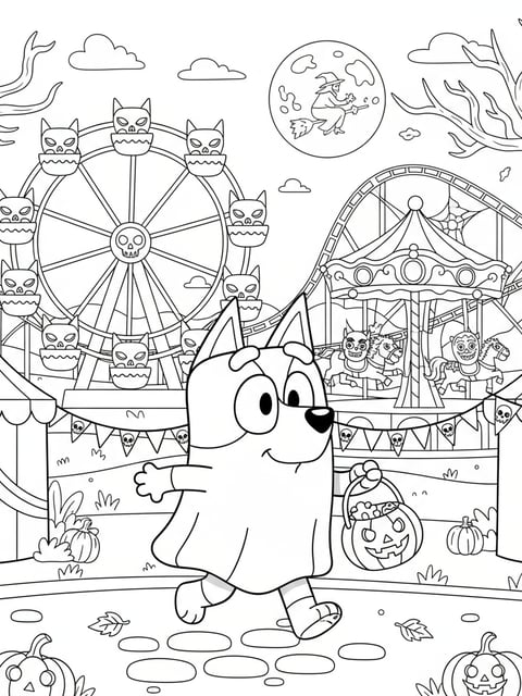 Dibujo para colorear de Bluey caminando por un carnaval de Halloween con atracciones espeluznantes
