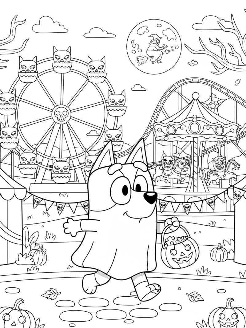 Bluey walking through Halloween carnival with spooky rides coloring page