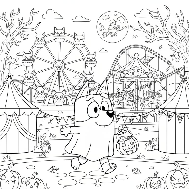 Bluey walking through Halloween carnival with spooky rides coloring page