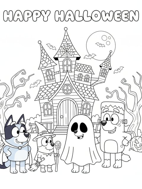 Dibujo para colorear de la familia de Bluey con disfraces de Halloween frente a una casa embrujada