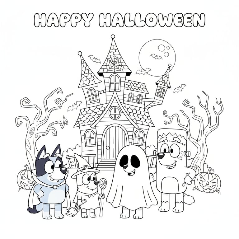 Bluey family dressed in Halloween costumes standing in front of haunted house coloring page