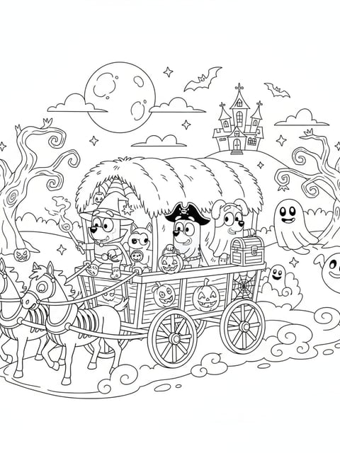 Dibujo para colorear de Bluey y amigos con disfraces de Halloween en un paseo embrujado en carreta de heno