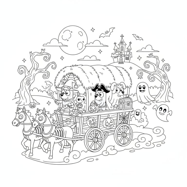 Bluey and friends in Halloween costumes riding on magical haunted hayride coloring page