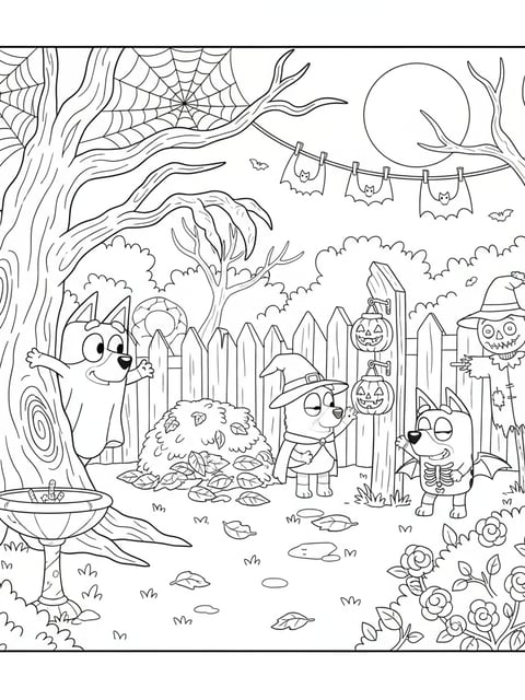Dibujo para colorear de Bluey y amigos con disfraces de Halloween jugando al escondite en el patio