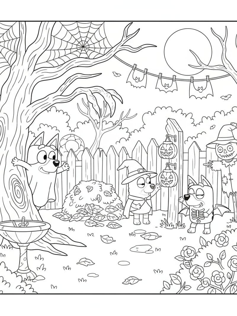 Bluey and friends in Halloween costumes playing hide and seek in spooky backyard coloring page