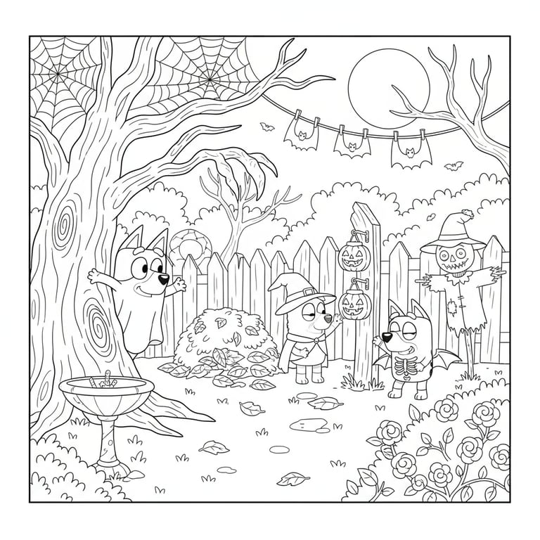 Bluey and friends in Halloween costumes playing hide and seek in spooky backyard coloring page