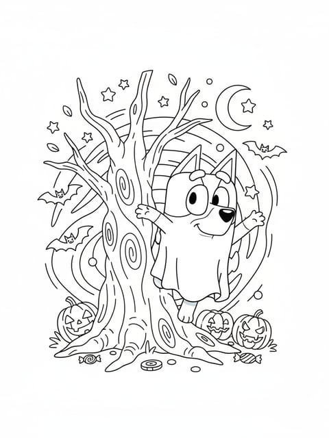 Dibujo para colorear de Bluey con disfraz de fantasma escondida detrás de un árbol con murciélagos