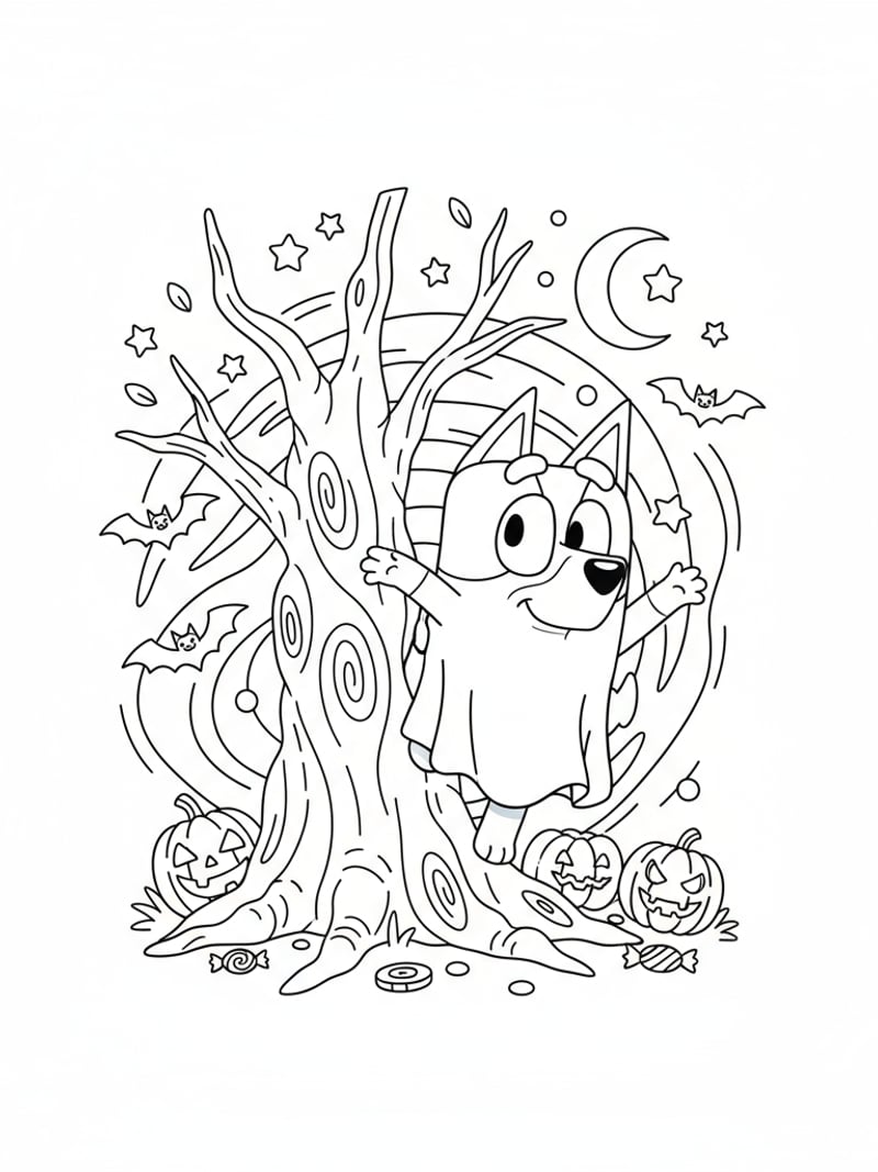 Bluey wearing ghost costume hiding behind tree with bats flying coloring page