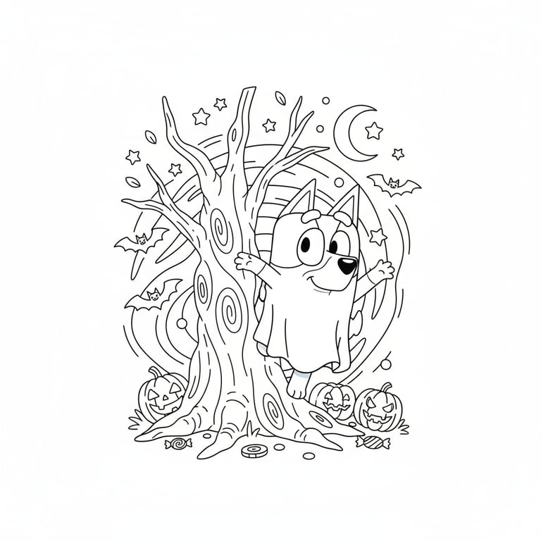 Bluey wearing ghost costume hiding behind tree with bats flying coloring page