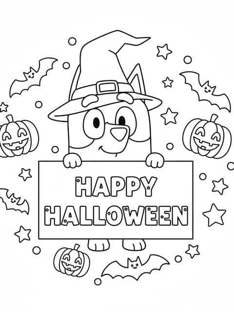 Dibujo para colorear de Bluey sosteniendo un cartel con el texto Happy Halloween, rodeada de murciélagos, calabazas y estrellas