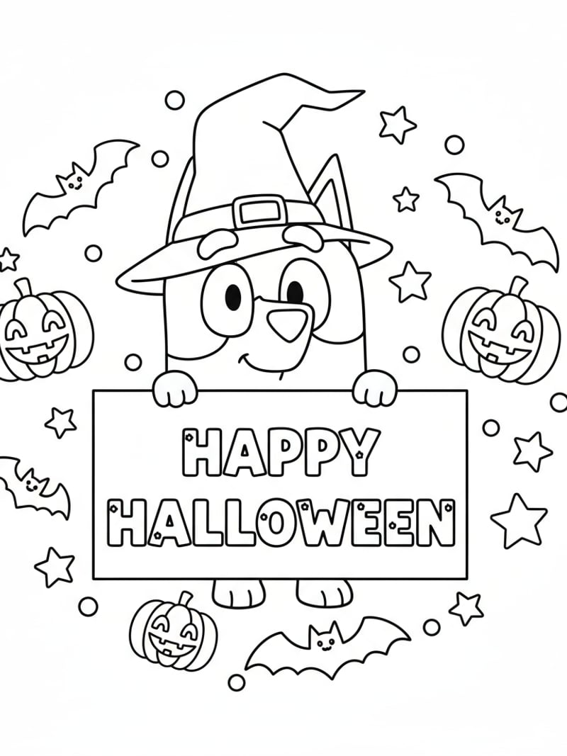 Bluey holding Happy Halloween sign with bats pumpkins and stars coloring page