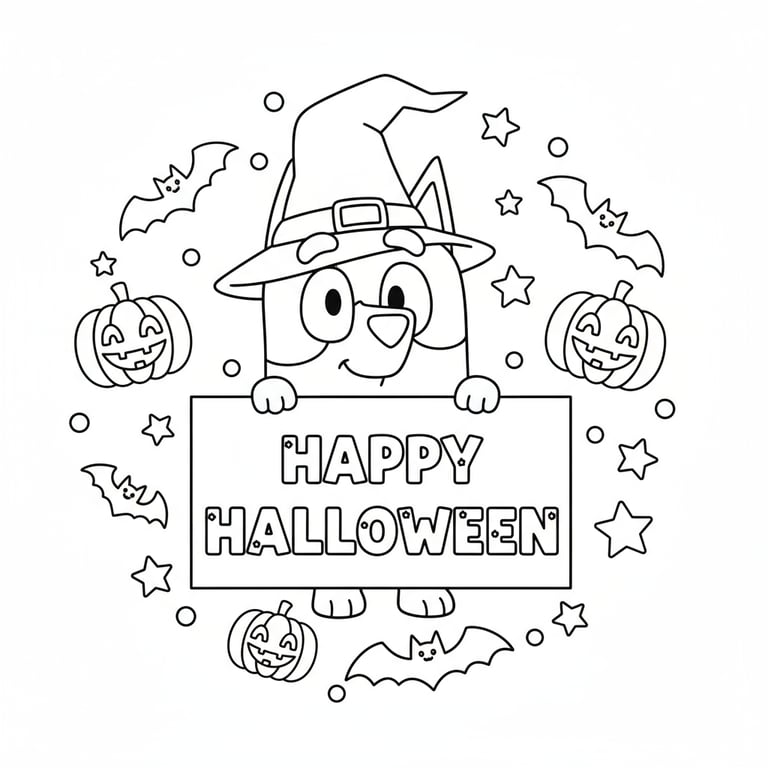 Bluey holding Happy Halloween sign with bats pumpkins and stars coloring page