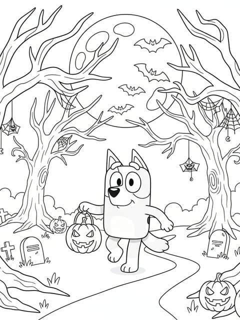 Dibujo para colorear de Bluey con farol de Halloween caminando por un bosque espeluznante de noche