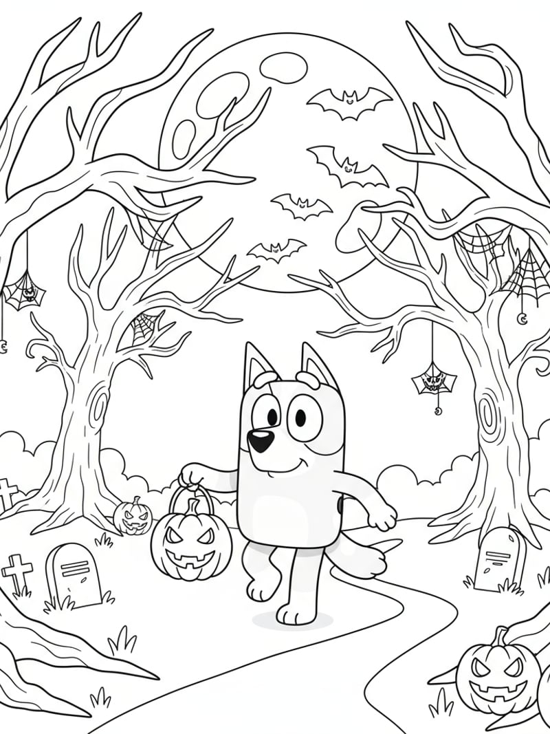 Bluey holding Halloween lantern walking through spooky forest at night coloring page